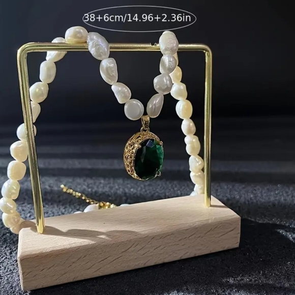 Natural Irregular Freshwater Pearl Necklace & Green Crystal Pendant Gold Plated. - Picture 3 of 7